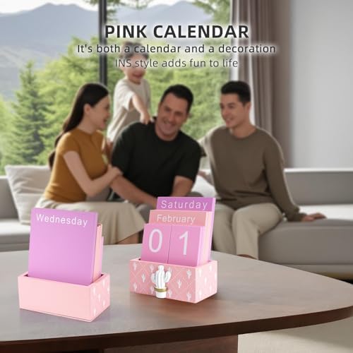 Notakia Perpetual Calendar Wooden Blocks Vintage Wood Block Calendar for Home Office Desk Accessories Week Month Date Display (Pink Calendar) - Image 6