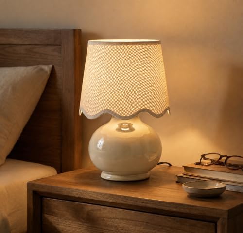 Benton Ceramic Table Lamp with Fabric Shade – 13" Bedside Accent Lamp for Bedroom, Living Room & Nightstand (Beige Cream) - Image 3