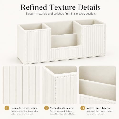 GORESE Pen Organizer for Desk, PU Leather Office Pen Holder, Ivory White - Image 4