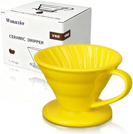Pour Over Coffee Dripper - Ceramic Cup, Pour Over Coffee Maker Cone, Porcelain Cone, Easy Manual Brew Maker - Strong Flavor Brewer for Home, Cafe, Office - 1-4Cup, V60 Size 02 (Bright Yellow) by Wmazio