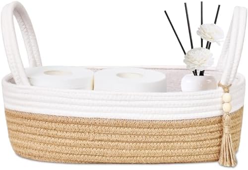 ABenkle Small Storage Basket for Toilet Tank Top - Jute Rope Woven Organizer with Handle, Boho Countertop Bathroom Decor, Toilet Paper Holder, 13x6x4 Inch by ABenkle