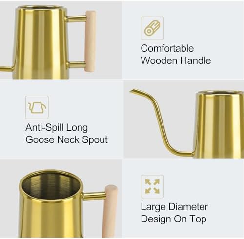 Watering Can Indoor Plants, 35 oz/1000 ml Metal Stainless Steel Watering Can Pot with Long Spout for Indoor House Plants Bonsai Outdoor Garden Flower Decorative (Gold) - Image 4