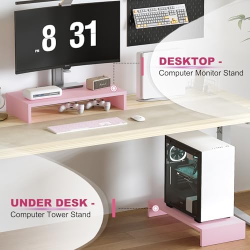 TEAMIX 2 Pack Pink Monitor Riser-20L inch, Cute Monitor Stand for Desk, Wood Sturdy TV/Screen/PC/Printer/Laptop Riser, Computer Shelf with Storage Desktop Organizer for Home Office - Image 6