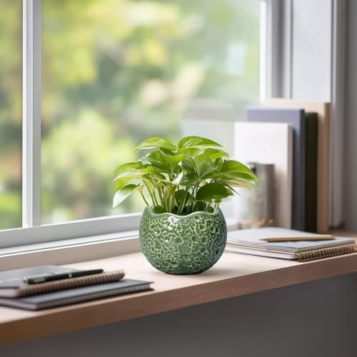 Ceramic Plant Pots - 4 inch Plant Pot with Drainage Hole, Small Pots for Plants Indoor Outdoor, Unique Round Planter, Modern Decorative Flower Pot, Room Decor, House Warming Gifts, Green - Image 5