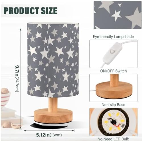 White Stars on Grey Background Bedside Table Lamps with USB Port for Bedroom Lamp Small Nightstand Lamp Sturdy Linen Shade Wooden Base Decorative Lamps for Kids Reading Dorm Home - Image 4