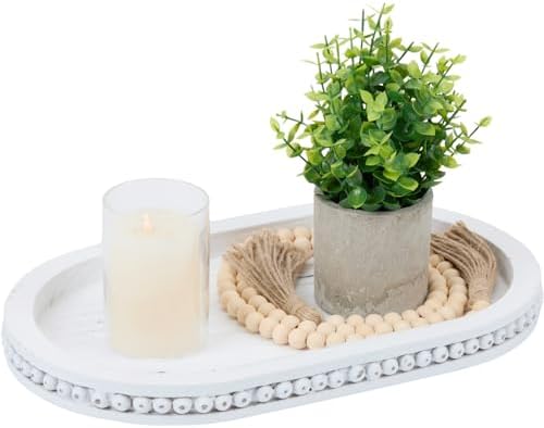Decorative Oval White Wood Tray, Tray Decor for Coffee Table by THORNIA