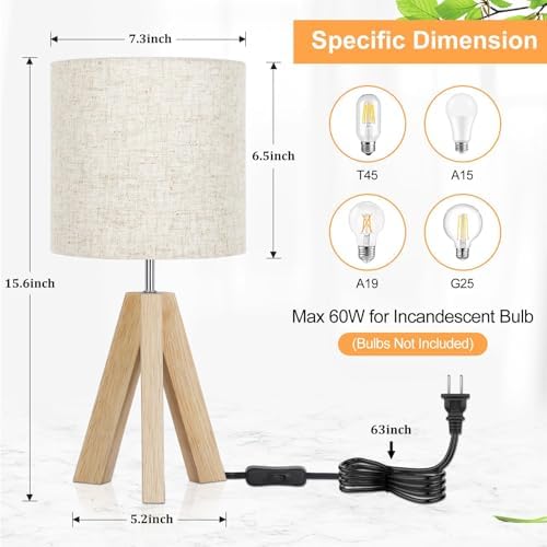 Small Table Lamp, Wooden Tripod Nightstand Lamp with Linen Fabric Shade, Cute Boho Modern Bedside Nightstand Lamp for Bedroom, Living Room, Nursery, Kids Room, Office, Dorm, Bulb Not Included - Image 4