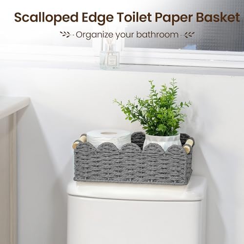 iEGrow Paper Rope Small Storage Baskets for Organizing, Set of 2 Scalloped Edge Wicker Basket with Wooden Handles Toilet Paper Basket for Over Toilet Storage Shelf, Home Decor, Living Room (Grey) - Image 3