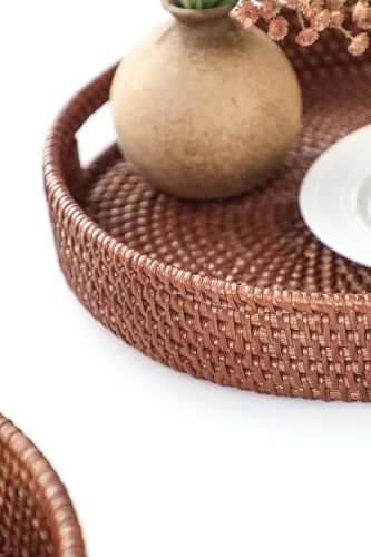 HITOMEN 11.8" Hand-Woven Round Rattan Serving Tray Decorative Wicker Trays with Handles for Coffee Table (Brown-M) - Image 6