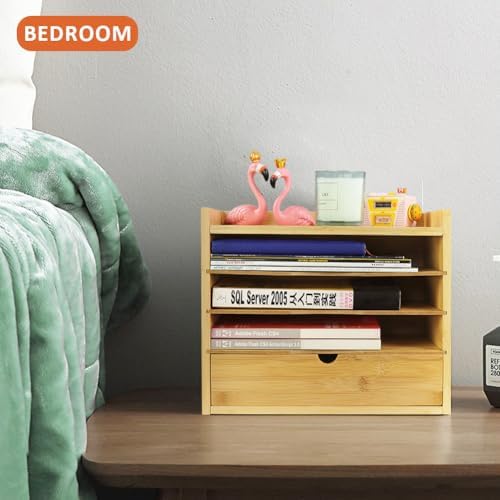 KKTONER 5-Tier Bamboo Desk Organizer with Drawer Tabletop File Organizer Document Holder with Shelf Desktop Cabinet for Home Office School Supplies (Natural) - Image 5