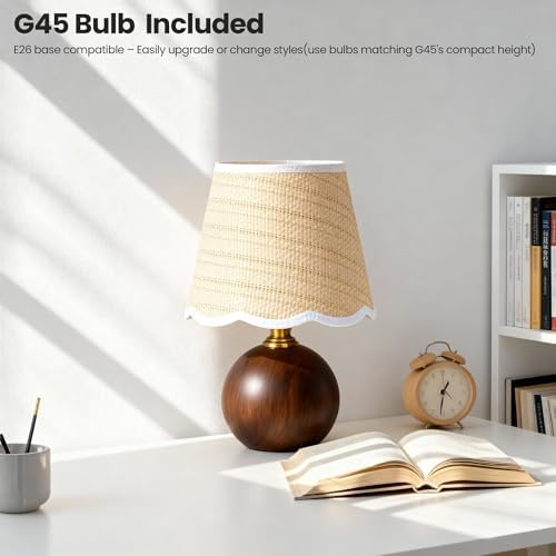 11.4" Boho Wooden Small Table Lamp with Scalloped Wavy Shade - Image 5