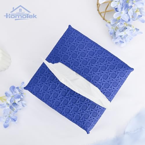 HOMOTEK 1 Pack Tissue Box Cover, Square PU Leather Tissue Holder, Decorative Facial Tissue Cube Paper Organizer Dispenser for Bathroom, Night Stands, Desk, Car 5X5X5'' - Rattan Weave, Blue - Image 2