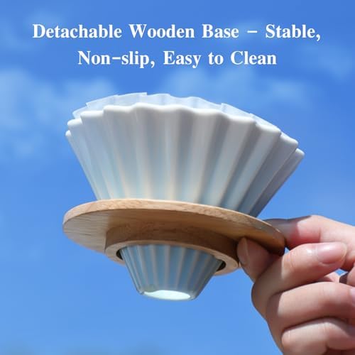 Bincoo Ceramic Coffee Dripper,Pour Over Coffee Dripper with Wood Stand, Flower-shape for 1-2 Cups Slow Brewing Maker for Home Cafe (Blue) - Image 5