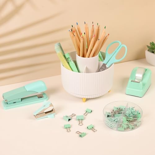 SKYDUE Teal Office Supplies Set, Office Desk Accessories 10Pcs, Pencil Holder for Desk, Stapler, Tape Dispenser, Scissors, Clips and 1000pcs Staples, School Supplies for Teacher - Image 2