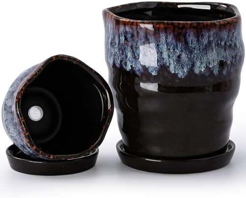 4+6 Inch Ceramic Planter Set of 2 with Drainage Hole,Saucer for Plants, Indoor-Outdoor Round Succulent Orchid Flower Pot- Cement Paint, Inner-pots not Larger Than 5 Inch Reactive Glaze Spot by Unknown