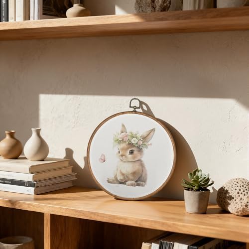 OFJE Cute Easter Bunny Wall Art Decor, Floral Crown Bunny Nursery Round Wall Hanging Decor, Rustic Farmhouse Butterfly Rabbit Framed Canvas Prints for Nursery Home Room Bedroom Decorations, 10x10 Inch - Image 4