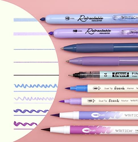 WRITECH Journaling Kit, Gel Ink Pens/Retractable Highlighters/Dual Tip Brush Pens/Fineliner Pens, Smooth Writing Assorted Colors Journaling Supplies, 9 Count with Pen Bag (Haze blue & purple) - Image 2