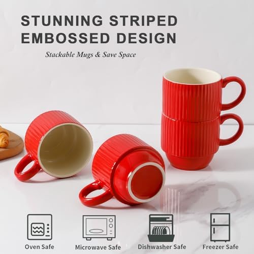Hasense 12 Oz Coffee Mugs Set of 4 with Rack, Red Stackable Coffee Cups Ceramic, Modern Ribbed Latte Cup Sets for Cappuccino, Tea, Espresso, Hot Cocoa, Drinks - Dishwasher & Microwave Safe - Image 4
