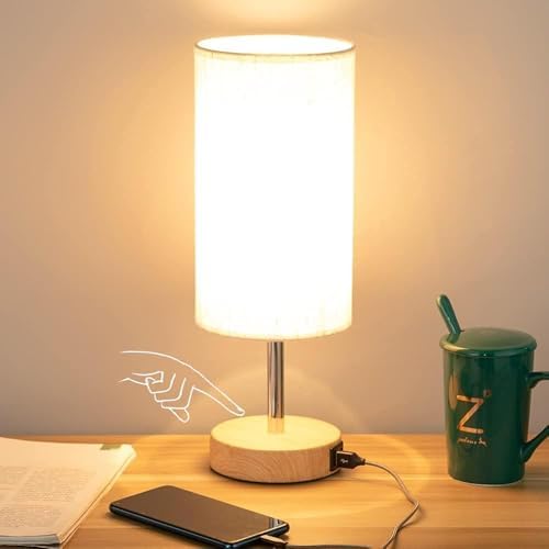 Yarra-Decor Bedside Table Lamp with USB Ports - Touch Control for Bedroom 3 Way Dimmable Nightstand Lamp with Round Fabric Shade for Living Room, Dorm, Home Office, Corded Electric, Without Battery by Yarra-Decor