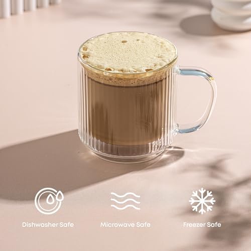 JoyJolt Haven Stackable Fluted Glass Mugs, Set of 2 Ribbed Double Wall Insulated Coffee Cups, 13.5oz Clear Mugs - Image 6