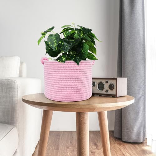 ABenkle Small Woven Basket, Cotton Rope Shelf Storage Basket, Small Round Basket, Cute Basket, Decorative Round Bin for Nursery Bedroom Bathroom, 9.4" x 9.4"x 7.1" Empty Gift Basket- Pink - Image 4