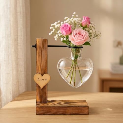 Heart-Shaped Glass Propagation Station with Dark Wood Stand, 1 - Image 4