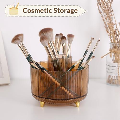 SKYDUE Rotating Pencil Pen Holder, Pen Organizer with 5 Slots - Aesthetic Desk Organizer and Accessories for School, Home, Office Supplies, Clear Tawny - Image 5