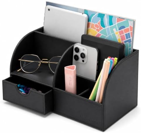 UnionBasic Desk Organizer - Multifunctional Leather Desktop Pen Holder Storage Box - Business Card/Pen/Pencil/Mobile Phone/Stationery Holder, Black by UnionBasic