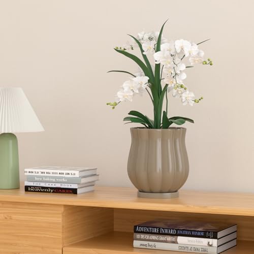 4.7" Brown Ceramic Plant Pot with Saucer - Image 6
