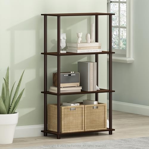 Furinno Turn-N-Tube Storage Shelves, 4-Tier Toolless Book Shelf, Corner Shelf, Open Shelves, for Organization and Storage, Living Room, Garage, Home Office, Walnut - Image 2