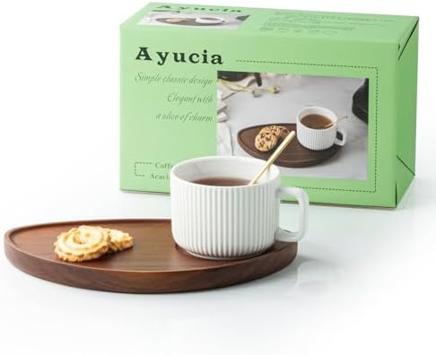 Pretty Ceramic Coffee Cup with Solid Wood Plate Set for Tea/Coffee Break, 8OZ White Cappuccino Cup with 9.4inch Acacia Serving Saucer and Spoon for Latte Dessert Breakfast by AYUCIAPremiumCeramic