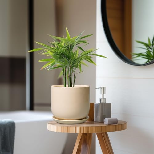 Ceramic Plant Pot - 7 Inch Mid Century Round Ceramic Planter for Indoor Plants with Drainage Hole and Saucer, Modern Home Decor, Yellow - Image 7