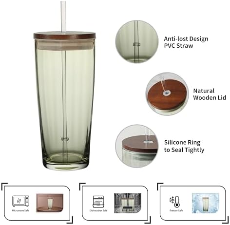 NIRA.Z Glass Tumbler with Lid and Straw 20oz, Ribbed Aesthetic Glass Cup for Iced Coffee, Green Drinking Tumbler with Wooden Lid, Reusable Straw Cup - Image 4
