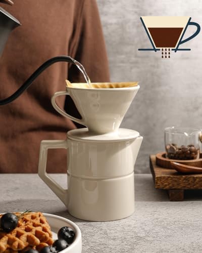 Pour Over Coffee Maker, Single Cup Ceramic Coffee Dripper, Reusable Filter Cone Drip Holder Slow Brewer with Hole Flat Bottom for Home, Office, Travel, Camping (White) - Image 3