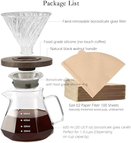 Lalord Pour Over Coffee Maker, 20 oz Borosilicate Glass Carafe with 100 pcs V60 Paper Filter, Walnut Handle & Glass Lid, Drip Coffee Maker for Home Café Restaurant Camping, 600 ml, Clear - Image 3