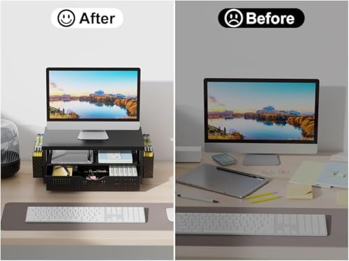 gianotter Desk Organizers and Accessories, Monitor Stand with Drawer and 2 Pen Holder, Desktop Organizer Suitable for Offices and Dormitories (Matte Black) - Image 6