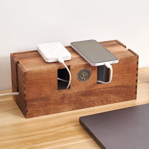Acacia Wood Cable Management Box - Wooden Cord Hider & Organizer for Desk & Floor, Power Strip & TV Wire Concealer, Under Desk Storage for Office, Home Electrical Cables by TREELF