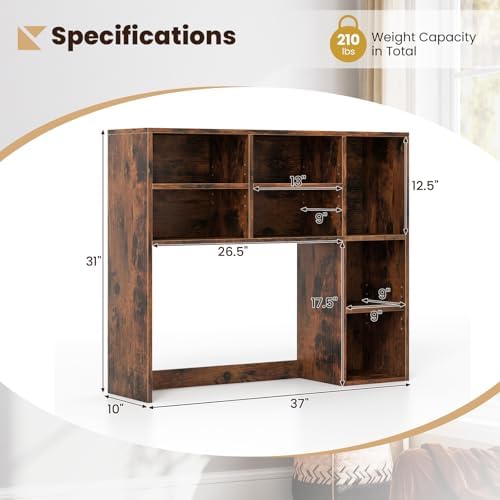 Giantex Desktop Bookshelf, Desk Hutch Dorm w/ 7 Cubes & 3 Adjustable Shelves, Desk Shelf for Up to 27" Computer Monitors, Wooden Desktop Storage Organizer for Dorm College Office Home, Rustic Brown - Image 3