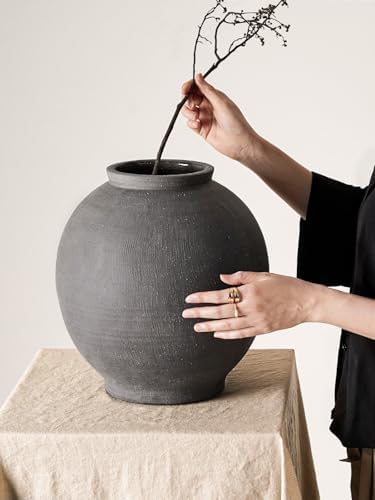 Black Ceramic Vase - Large 12.5 Inch Round Floor Vase for Centerpieces, Farmhouse Flower Vases, Rustic Minimalist Home Decor,Sandstone Dark Grey - Image 6