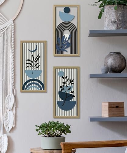 Putuo Decor Boho Abstract Wall Art, Set of 3, Modern Botanical Wooden Wall Decor, Blue Mid-Century Minimalist Framed Artwork for Living Room Bedroom, Office - Image 4