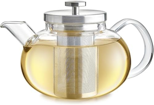 Teabloom Connoisseur Glass Teapot with Stainless Steel Infuser for Loose Tea – 4-Cup Capacity, Stovetop-Safe, Durable Borosilicate Glass, Perfect for Hot and Iced Tea by Teabloom