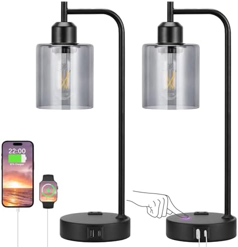 Innqoo Industrial Touch Bedroom Lamps for Bedrooms Set of 2-3-Way Dimmable Table Lamps with USB C+A Ports and Outlet, Bedside Lamps with Gray Glass Shade for Living Room, Desk Lamps for Home Office by Innqoo