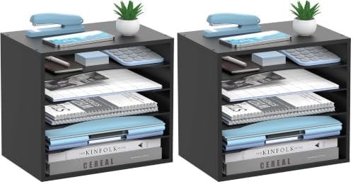 5-Tier Wood Desk Organizer, Paper Tray Organizer for Desk with Adjustable Storage Shelves, Desktop File Organization Paper Sorter Mail Holder for Office Home Classroom, Black (Pack of 2) by SHARKWOODS