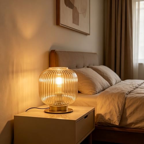 Ribbed Amber Glass Table Lamp, Mid Century Modern Nightstand Light with Gold Base, Plug-in Desk Lamp for Bedroom Living Room Office Study - Image 2