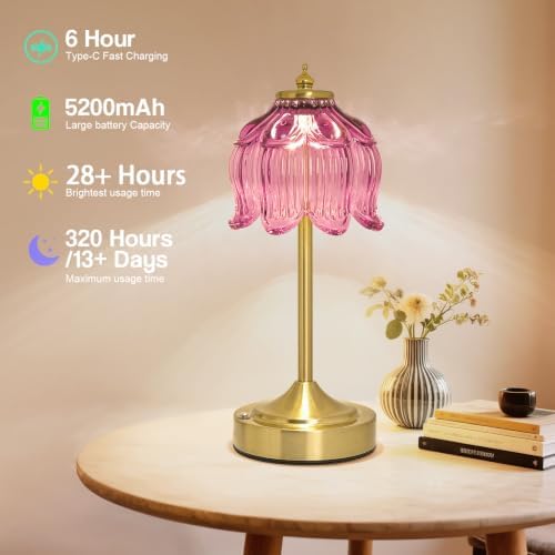 Cordless Table Lamp, Rechargeable Purple Glass Lotus Flower Lamp - Image 4