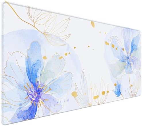 Blue Desk Mat, Aesthetic Floral Large Mouse Pad, 35.4 x 15.7 Inch XXL Keyboard Mat Non-Slip Waterproof Desk Pad, Full Desk Protector for Women Office Home by HUADO