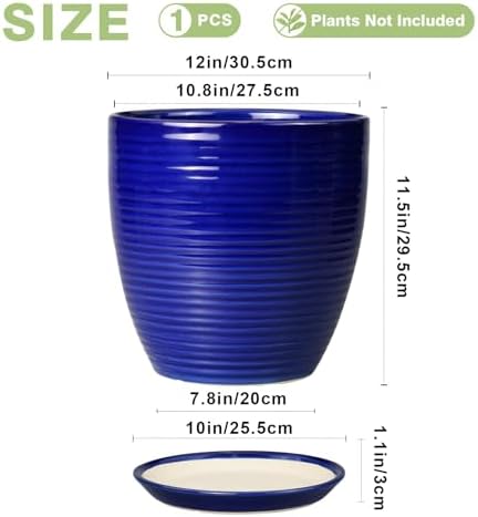 Ceramic Planter Pot - 12 Inch Pot for Plants Large Indoor Plant Pot with Drainage Hole and Saucer Fluted Round Planter for Outdoor Plants Flower Pot for Home Garden Blue - Image 3