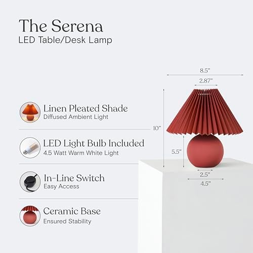 Brightech Serena LED Table Lamp - Small 10" Modern Ceramic Lamp with Pleated Shade for Bedside, Nightstand, Desk - Mini Night Light with Cozy Soft White Light for Living Room, Bedroom - Maroon Red - Image 3
