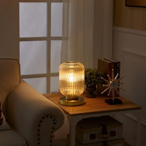 Amber Glass Table Lamp,Vintage Gold Base Ribbed Bedside Lamp - Image 2