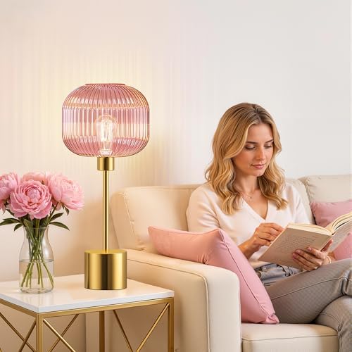 QiMH Glass Table Lamp for Living Room, Modern Bedside Lamp with Pink Ribbed Glass Shade, 3-Way Dimmable Touch Control Nightstand Lamp for Bedroom, Brushed Gold (2700K LED Bulb Included) - Image 5